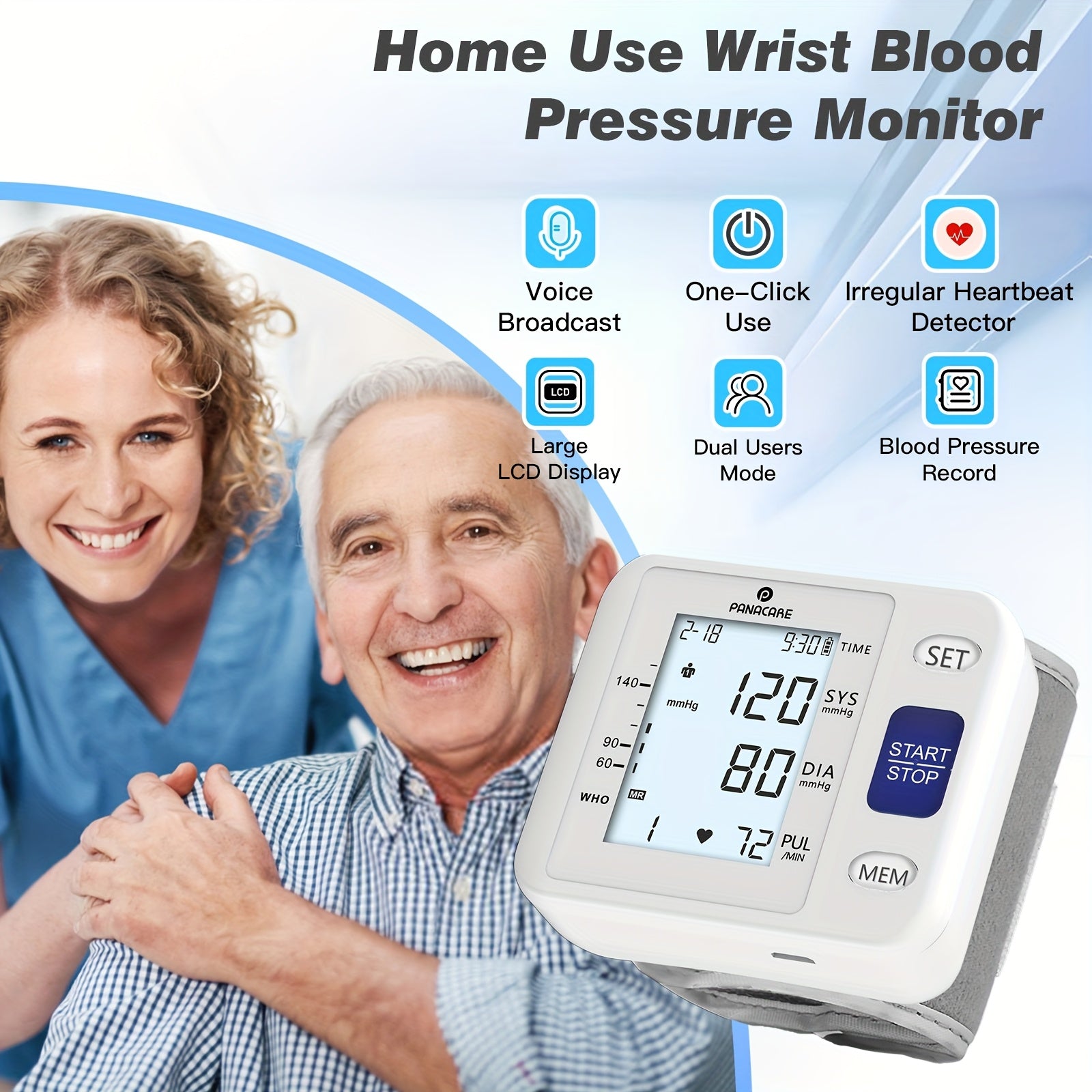 PANACARE Fully Automatic Wrist Blood Pressure Monitor With LCD Display Adjustable Cuff, Pulse Rate Detection And Irregular Heartbeat Alarm Battery Powered/USB Powered, Blood Pressure Measurement | Comprehensive Display